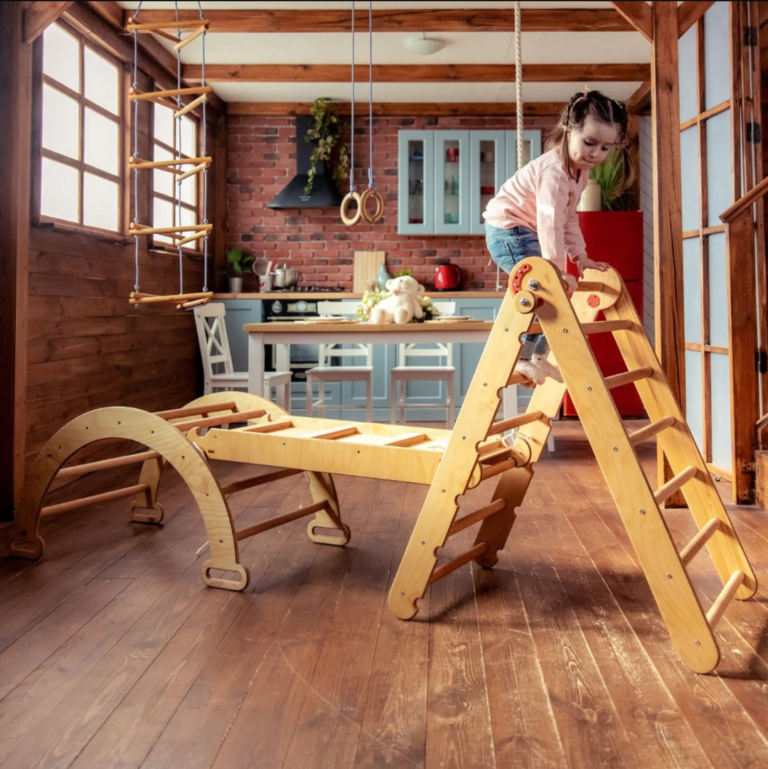 3 In 1 Montessori Climbing Set: Triangle Ladder + Wooden Arch + Slide Board – Beige