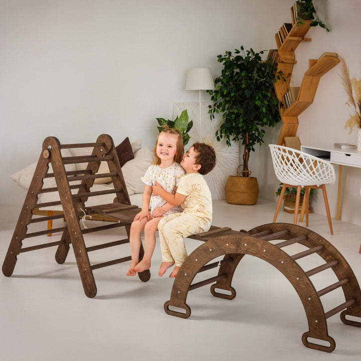 3 In 1 Montessori Climbing Set: Triangle Ladder + Wooden Arch + Slide Board – Chocolate