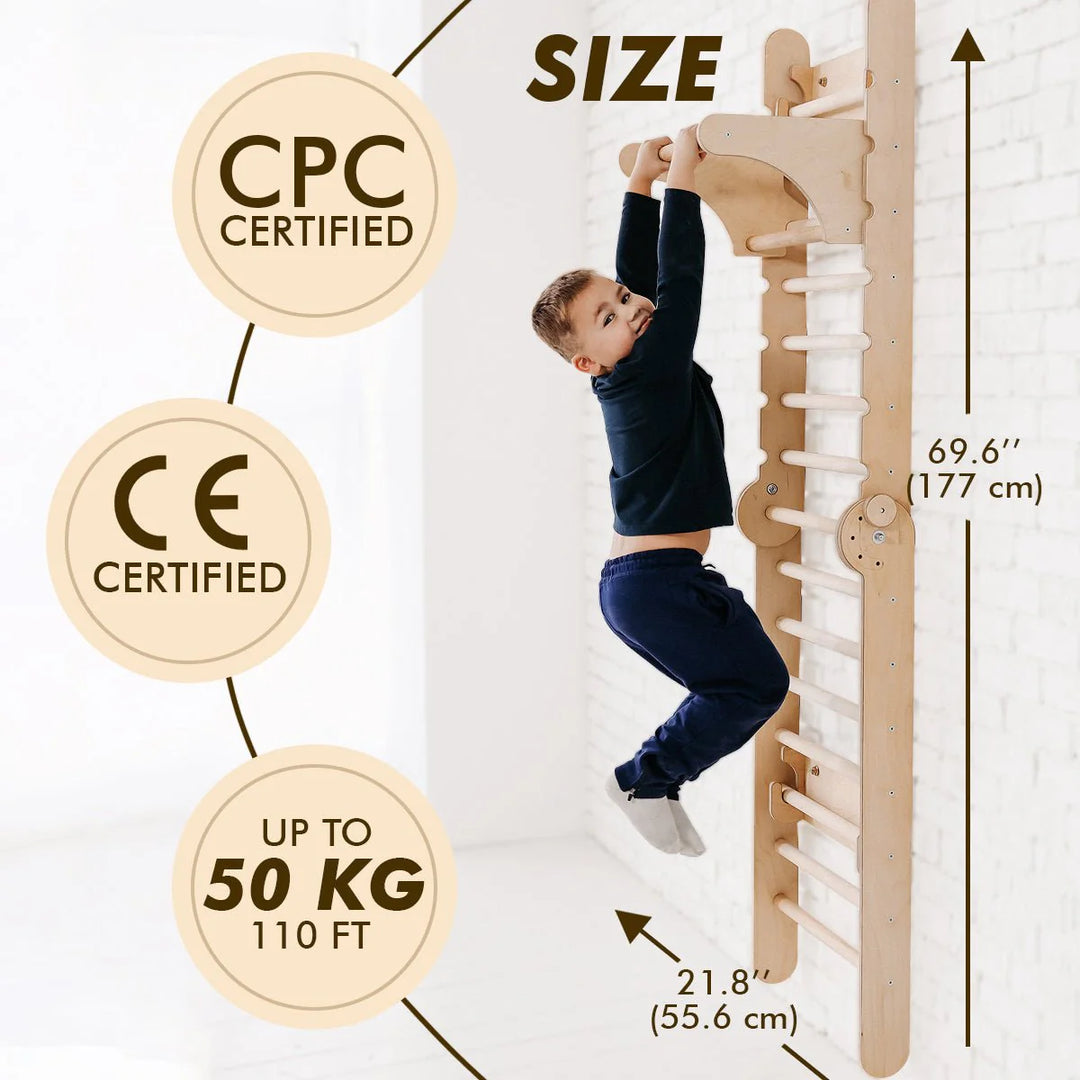 3 In 1 Climbing Set: Adjustable Pikler Triangle + Swedish Ladder Wall Attachments + Reversible Ramp + Swing Set