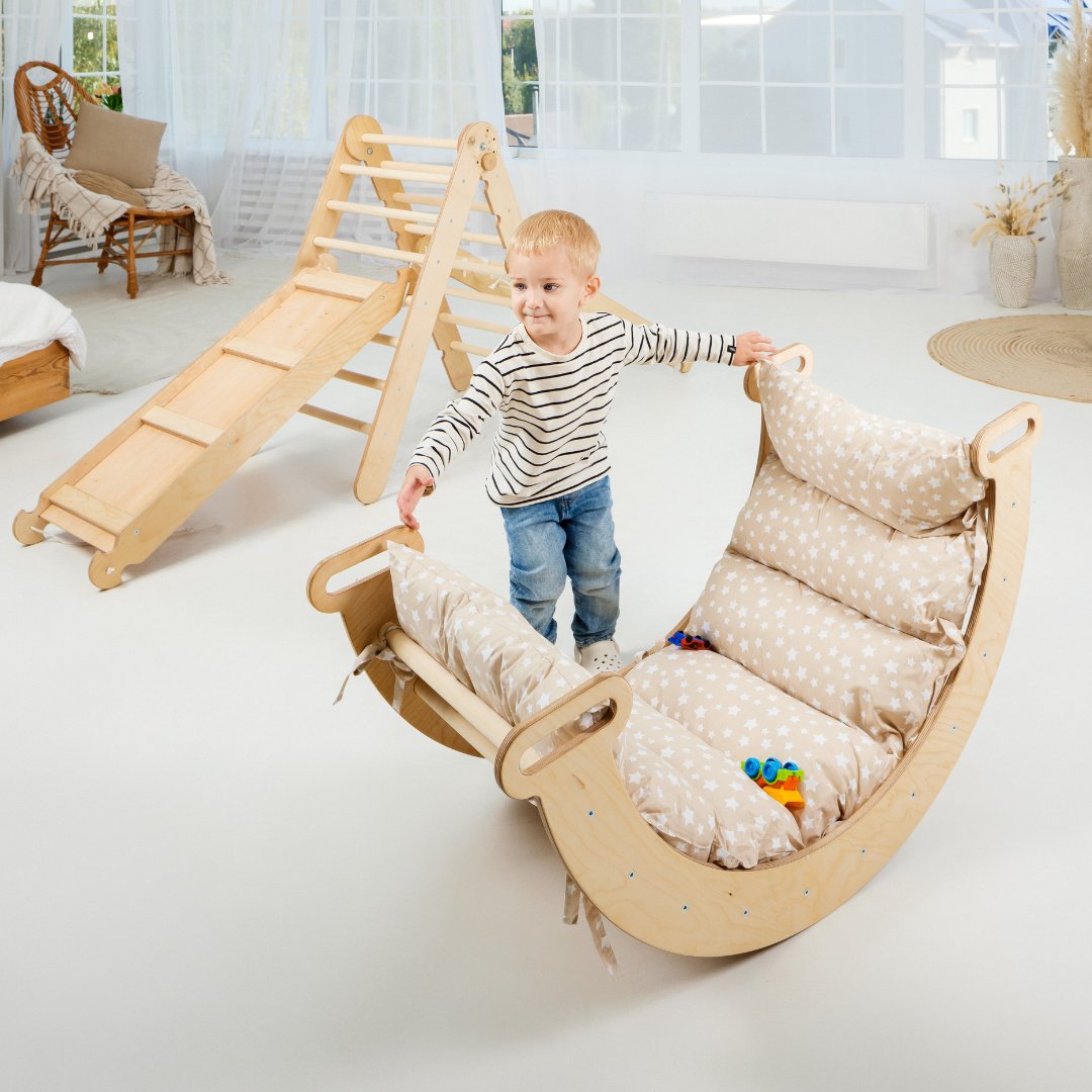 5 In 1 Montessori Climbing Frame Set: Triangle Ladder + Arch/Rocker + Reversible Slide/Ramp + Netting rope + Cushion