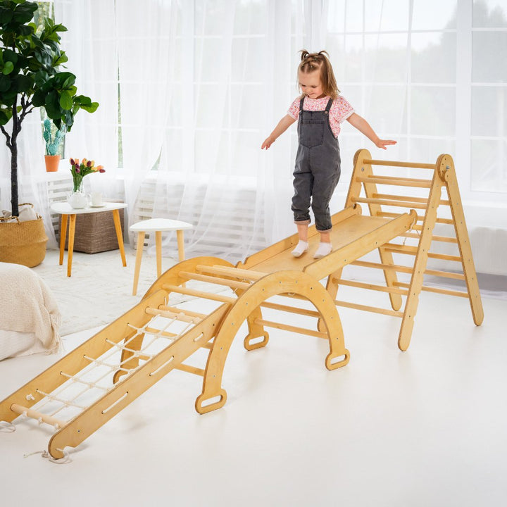 5 In 1 Montessori Climbing Frame Set: Triangle Ladder + Arch/Rocker + Reversible Slide/Ramp + Netting rope + Cushion