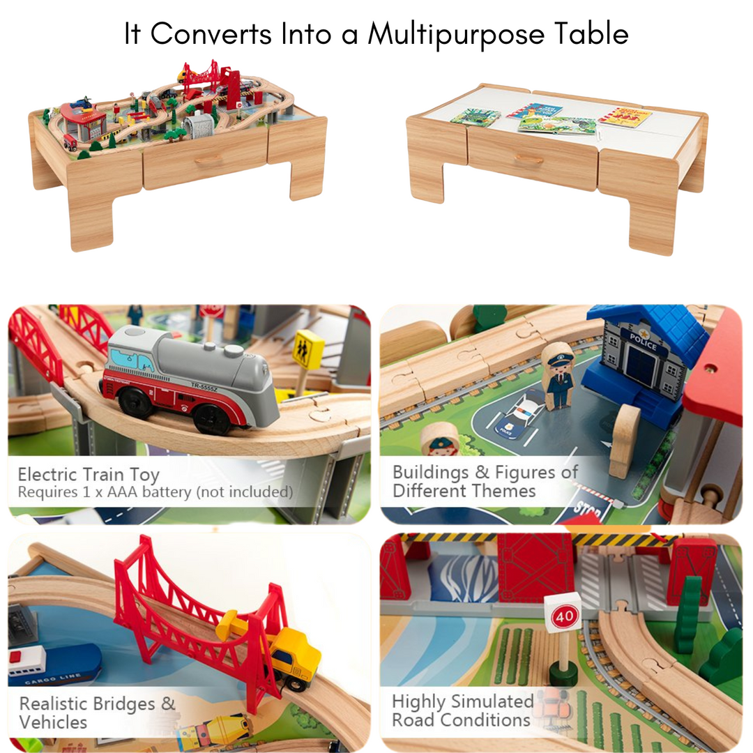 Wooden Table With Train Playset 3 - Battery Operated