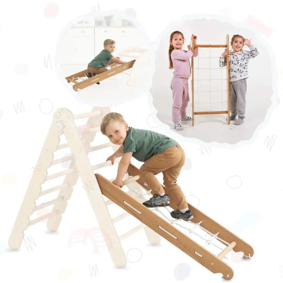 4 In 1 Montessori Climbing Frame Set: Triangle Ladder + Arch/Rocker + Slide/Ramp + Climbing Net